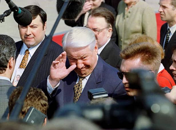 Russian President Boris Yeltsin arrives at Birmingham International Airport for G8 Summit in 1998