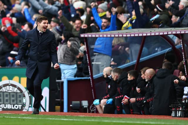 Steven Gerrard, Manager of Aston Villa celebrates after their side scored their fourth goal during the Premier League match between Aston Villa and Southampton