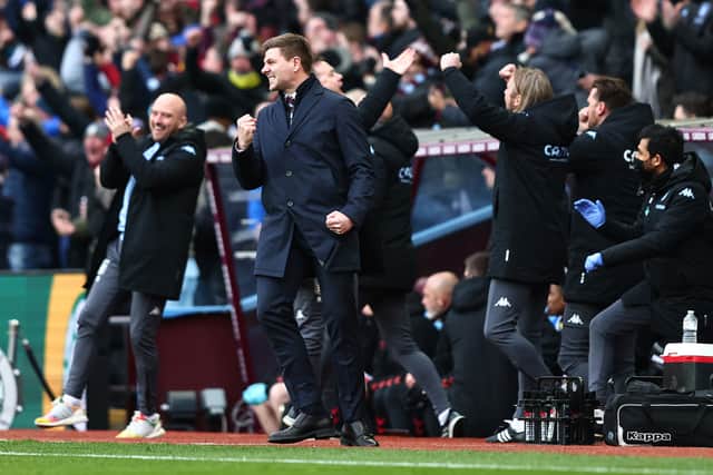 Steven Gerrard, Manager of Aston Villa celebrates after their side's fourth goal, scored by Danny Ings (Not pictured) during the Premier League match between Aston Villa and Southampton at Villa Park