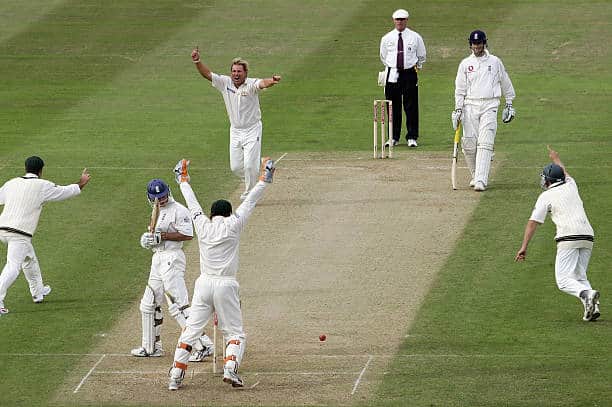 Delight for Shane Warne after dismissing Andrew Strauss in Birmingham in 2005. Picture:  Clive Mason/Getty Images.
