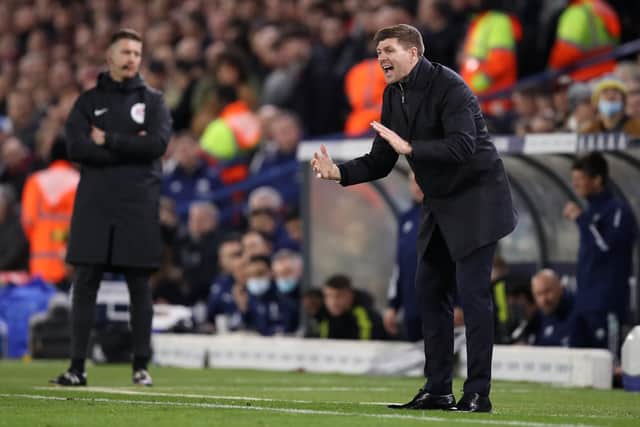  Steven Gerrard, Manager of Aston Villa reacts during the Premier League match between Leeds United and Aston Villa at Elland Road 
