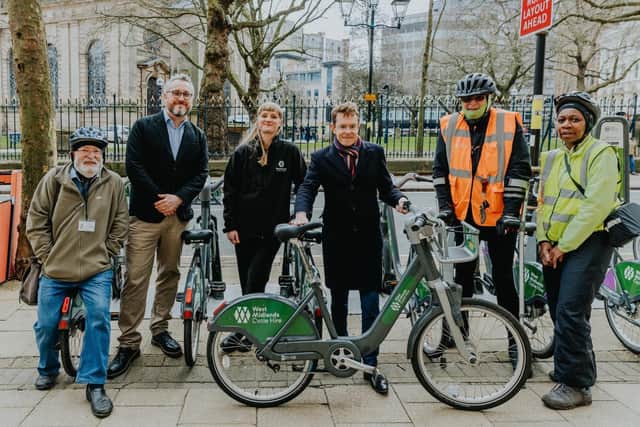 From left: Cllr Richard Worrall, vice chair of WMCA Transport Delivery Committee, Adam Tranter, WM Cycling and Walking Commissioner, Lauren Hoyle, TfWM, Mayor Andy Street, disabled cycling champion Andrew Moult and Condessa Parke