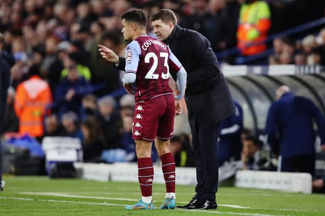 Steven Gerrard gives instructions to Philippe Coutinho of Aston Villa during the Premier League match between Leeds United and Aston Villa at Elland Road