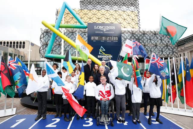 Athletics athlete Sarah McDonald of Team England, David Grevemberg, Chief Executive of the Commonwealth Games Federation, Matthieu Baumgartner, Vice President Marketing Longines, Dame Louise Martin, President of the Commonwealth Games Federation and Athletics para-athlete Nathan Maguire of Team England pose for a photo during the launch of the Birmingham 2022 Commonwealth Games official Countdown Clock on March 09, 2020 in Birmingham, England. Sponsored by Longines, the Countdown Clock will take prime position in Centenary Square with Birmingham 2022 starting the multi-games partnership between the Commonwealth Games Federation and Longines. (Photo by Miles Willis/Getty Images)