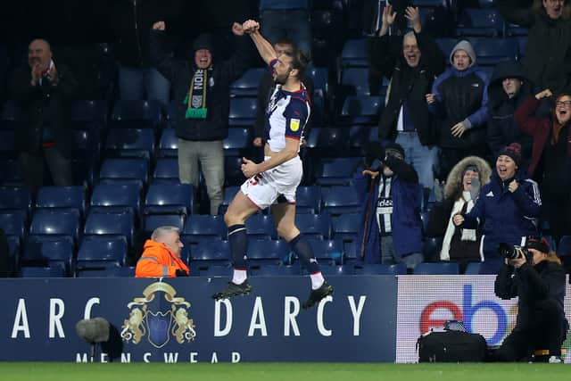 Andy Carroll of West Bromwich Albion celebrates after scoring the teams second goal during the Sky Bet Championship match between West Bromwich Albion and Huddersfield Town