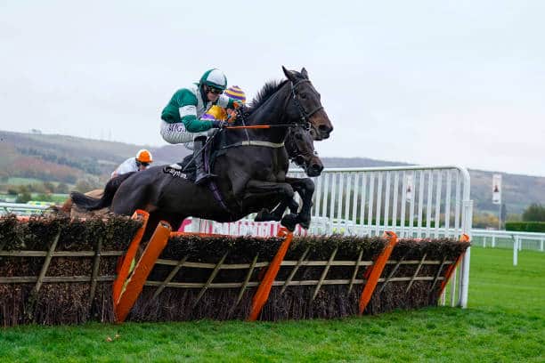 Donal McInerney, riding Blazing Khal, clears the last to win The Ballymore Novices’ Hurdle at Cheltenham in November 2021. Picture: Alan Crowhurst/Getty Images.