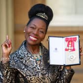 Floella Benjamin poses with her Dame Commander medal after being awarded her damehood by the Prince of Wales at Buckingham Palace in March 2020. Picture: Dominic Lipinski-WPA Pool/Getty Images.