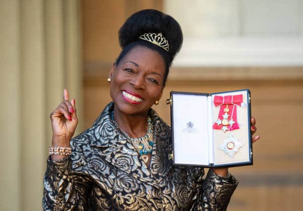 Floella Benjamin poses with her Dame Commander medal after being awarded her damehood by the Prince of Wales at Buckingham Palace in March 2020. Picture: Dominic Lipinski-WPA Pool/Getty Images.