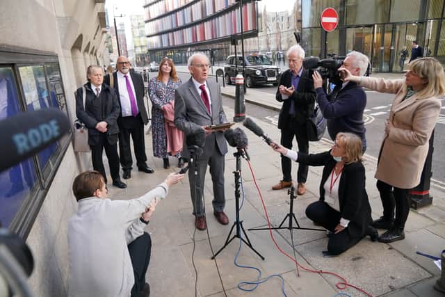 Journalist Chris Mullin speaks to media outside the Old Bailey