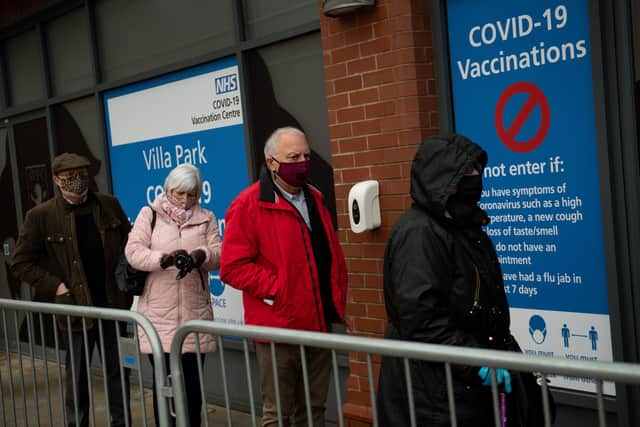 Members of the public arrive at a vaccination centre at Villa Park on February 04, 2021 (Photo by Jacob King - Pool/Getty Images)