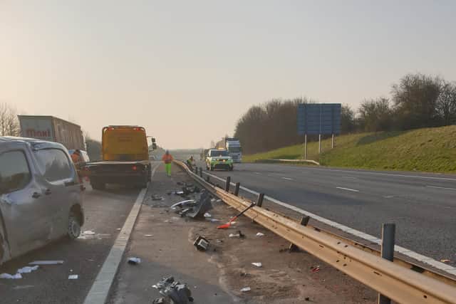 Aftermath from the crash due to  a van rolling across three lanes of traffic and onto the opposite side of the M40 near Birmingham - after the driver fell asleep at the wheel
