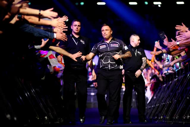 Gerwyn 'The Iceman' Price of Wales walks out before he competes against Jonny 'The Ferret' Clayton of Wales during Night 7 of Cazoo Premier League Darts on at Rotterdam Ahoy on March 24