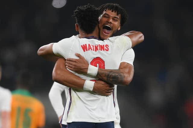 Ollie Watkins celebrates with Tyrone Mings after scoring during the international friendly match between England and Cote D’Ivoire at Wembley Stadium (Photo by Mike Hewitt/Getty Images)