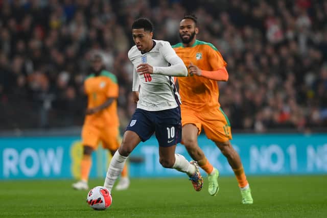 Former Blues player Jude Bellingham in action during the international friendly match between England and Cote D’Ivoire at Wembley Stadium on March 29, 2022 in London, England. (Photo by Mike Hewitt/Getty Images)