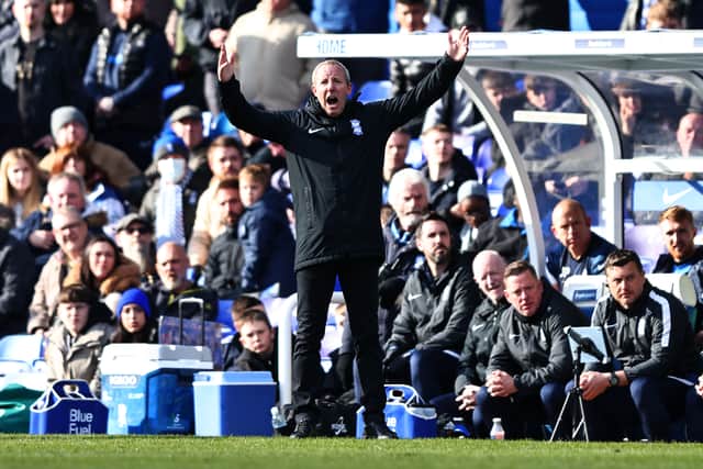 Lee Bowyer Manager of Birmingham City during the Championship match between Birmingham City and West Bromwich Albion at St Andrew’s Stadium on April 3, 2022 in Birmingham, England. (Photo by Marc Atkins/Getty Images)