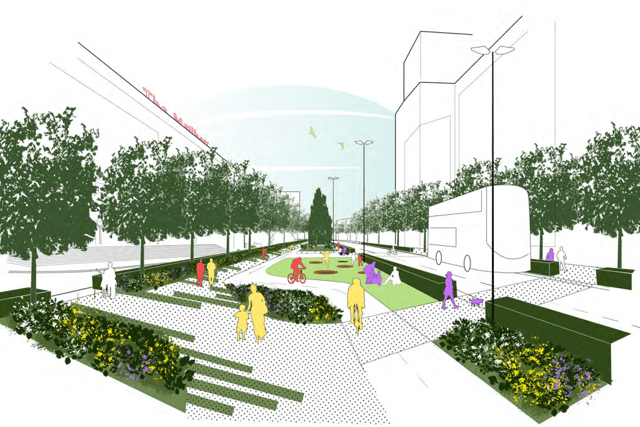 Birmingham Queensway imagined as a green ‘lifebelt’ by urban planners Broadway Malyan. © Broadway Malyan