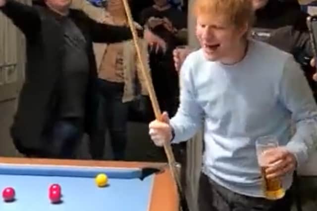 Ed Sheeran dancing with supporters at The Roost pub in Birmingham 