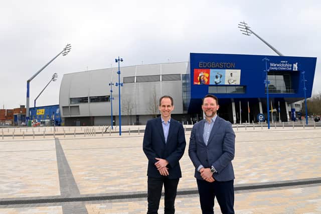 Craig Flindall (left), Chief Operating Officer at Edgbaston, with Richard Scutt, Director, Real Estate Development at PATRIZIA. Picture: Sam Bagnall/Warwickshire CCC.