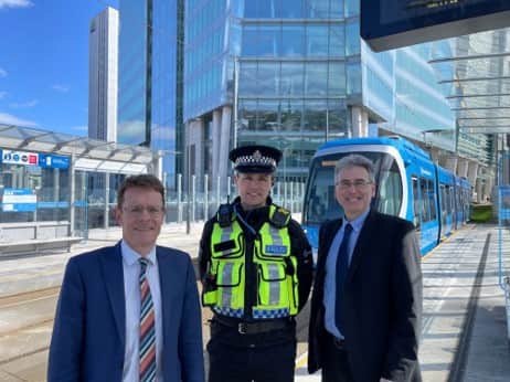 Partnership: West Midlands Mayor Andy Street, British Transport Police Chief Inspector Ricky Sweeney and West Midlands Police and Crime Commissioner Simon Foster.
