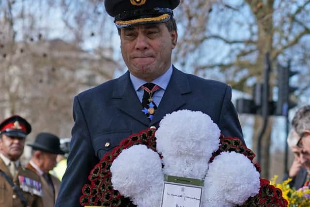 Lord Karan Bilimoria lays a wreath on behalf of the Prince of Wales during a commemorative ceremony at the Commonwealth Memorial Gates on March 14, 2022 in London (Photo by Yui Mok - WPA Pool / Getty Images)