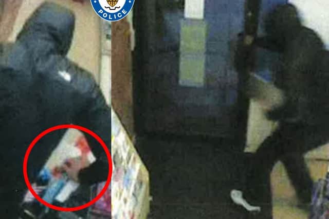 Andrew Oseman left a partial print as he jumped over the shop counter (circled) and fled with the till (right)