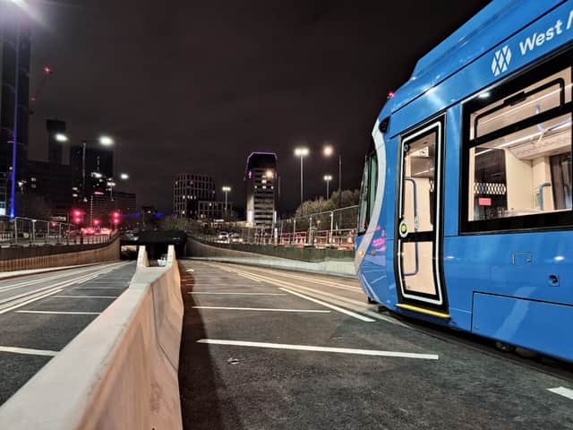 A tram enters Five Ways underpass for the first time