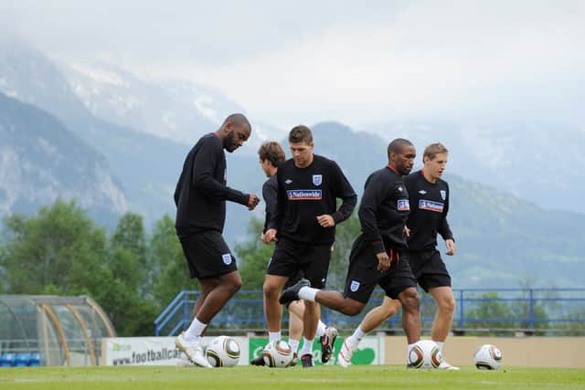 Darren Bent, Steven Gerrard, Jermain Defoe and Michael Dawson in action during an England training session