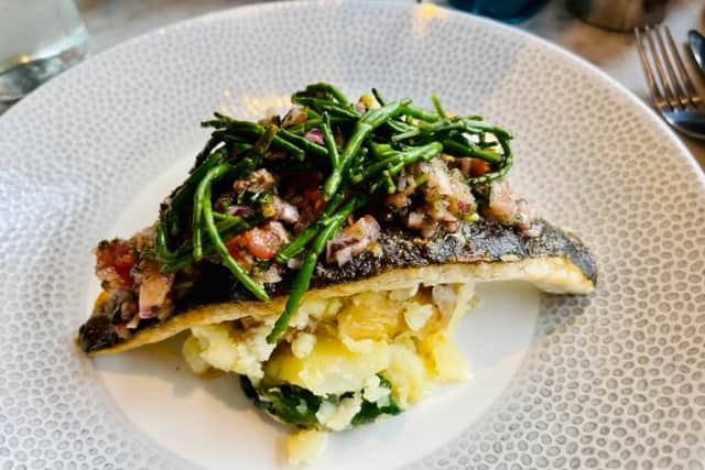 Sea bass on a bed or crushed potato at Rouge at Bullring, Birmingham