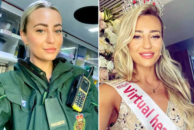 West Midlands Ambulance paramedic Alice Jones at work and at the Miss England competition in Birmingham