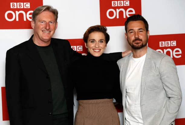 Line of Duty stars Adrian Dunbar, Vicky McClure and Martin Compston. Picture: John Phillips/Getty Images.