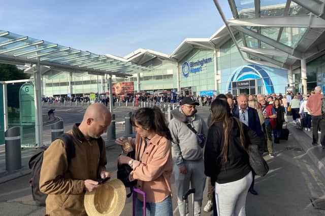 Picture taken with permission from the twitter feed of @BobBlack1964 of queues outside Brmingham Airport as thousands of passengers flying from airport were forced to wait in long queues outside for several hours as the aviation sector continues to suffer from staff shortages. Picture date: Monday May 9, 2022.