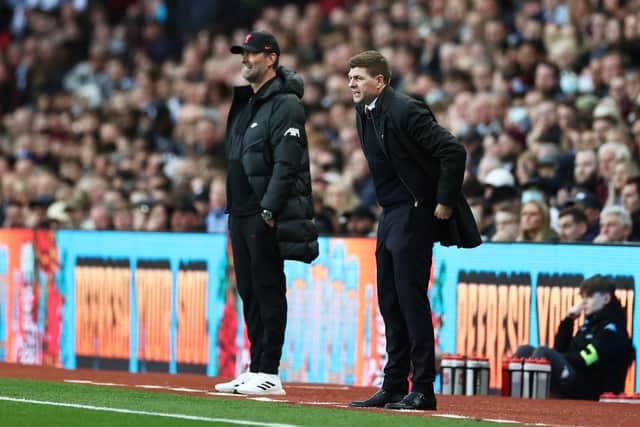 Steven Gerrard, Manager of Aston Villa looks on during the Premier League match between Aston Villa and Liverpool at Villa Park