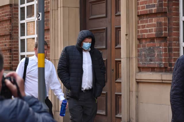 Former prison officer James Watts (right) accompanied by a Police Federation representative arrives at Birmingham Magistrates' Court where he is charged with 10 counts of sending a grossly offensive or menacing message by a public communication network. Picture date: Friday May 13, 2022.