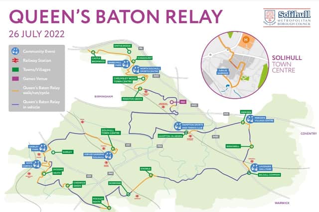 Solihull council have shared a map of the route that the Birmingham 2022 Queen’s Baton Relay will take in Solihull