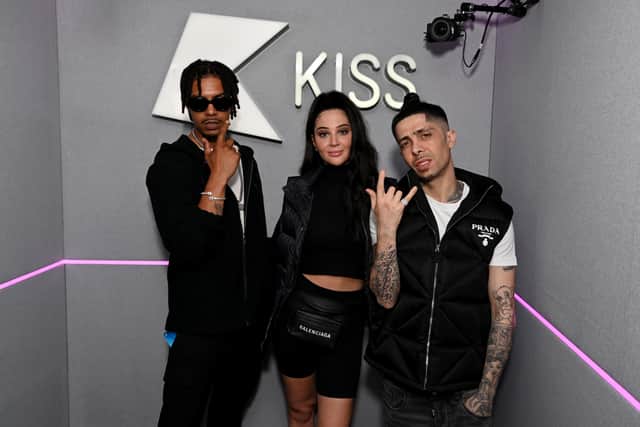 Fazer, Tulisa and Dappy of N-Dubz pose for a photo during a visit Kiss FM on May 16, 2022 in London