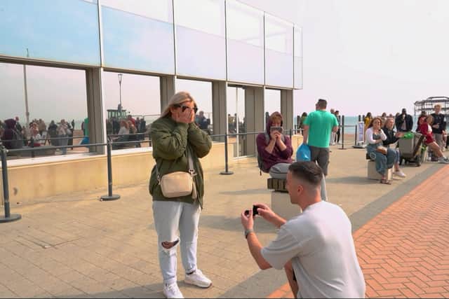 Craig Calvert from Kings Norton Birmingham proposes to his girlfriend Natalie in Brighton with a flash mob dance