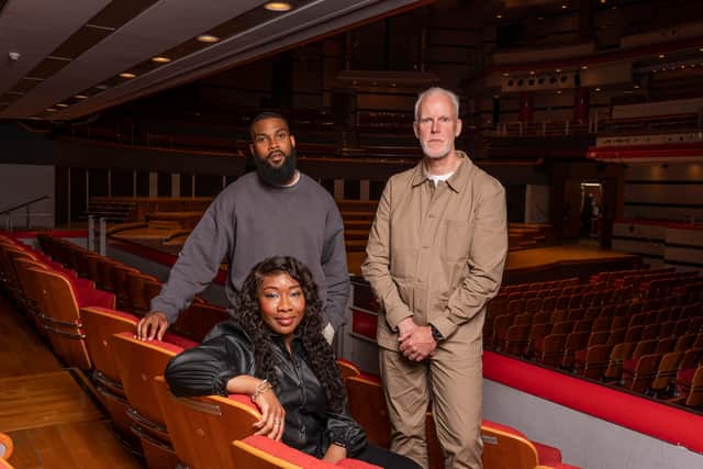 John Bernard, Nick Reed and Shereece Storrod with the Birmingham 2022 seat at Symphony Hall