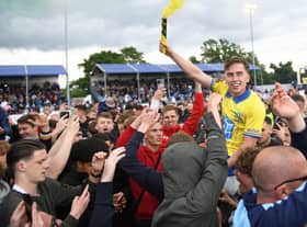 Joe Sbarra of Solihull Moors celebrates after the Vanarama National League Play-Off Semi Final match between Solihull Moors and Chesterfield at The ARMCO Arena on May 29, 2022 in Solihull, England. (Photo by Nathan Stirk/Getty Images)