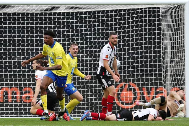 Kyle Hudlin of Solihull Moors celebrates after scoring their team’s first goal during the Vanarama National League Final match between Solihull Moors and Grimsby Town at London Stadium on June 05, 2022 in London, England. (Photo by Steve Bardens/Getty Images)