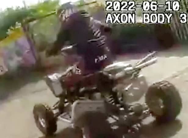 <p>Dramatic footage of a quad bike being driven at a PCSO, injuring his knee, on Ivy Road in Handsworth, Birmingham</p>