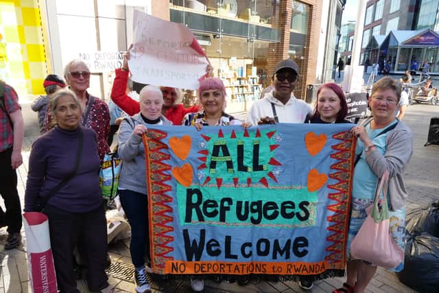 Stand Up To Racism members in Birmingham protest against government policy to send refugees and asylum seekers to Rwanda last week