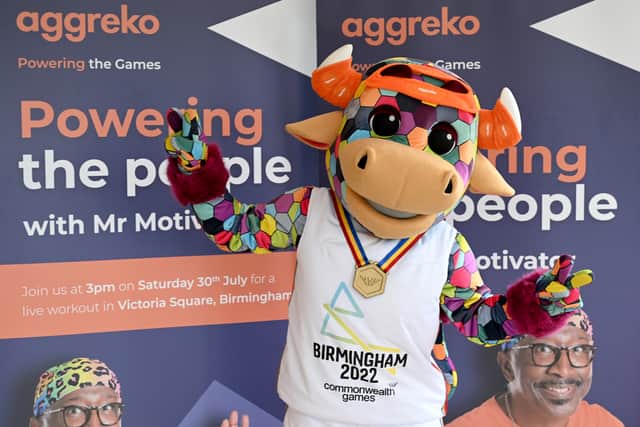 Perry the official Commonwealth Games Mascot gets ready to welcome Mr Motivator to the Commonwealth Games