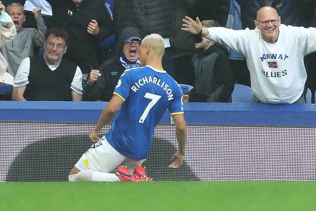 Richarlison celebrates scoring for Everton in front of the fans at Goodison Park. Picture: Ian MacNicol/Getty Images