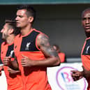 Andre Wisdom, right, during Liverpool training with Dejan Lovren in 2016. Picture: Andrew Powell/Liverpool FC via Getty Images