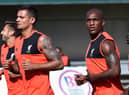 Andre Wisdom, right, during Liverpool training with Dejan Lovren in 2016. Picture: Andrew Powell/Liverpool FC via Getty Images