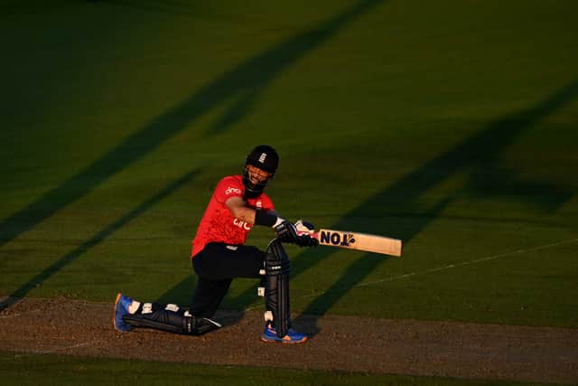 Moeen Ali of England bats during the 1st Vitality IT20 match between England and India at Ageas Bowl on July 07, 2022 in Southampton, England.