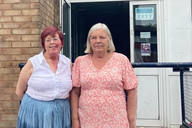 Karen Urwin, left, and Patricia Hollingshead, right, outside Manniford Hall, in Druids Heath. 