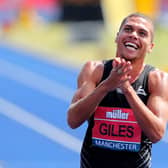 Elliot Giles of celebrates winning the Mens 800m Final at the 2021 Muller British Athletics Championships.