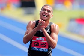 Elliot Giles of celebrates winning the Mens 800m Final at the 2021 Muller British Athletics Championships.