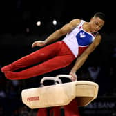 Joe Fraser competes on the pommel horse during the 2022 Gymnastics British Championships 